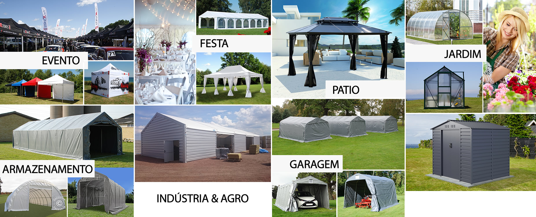 Tendas para festas, tendas dobráveis, garagens portáteis, tendas para armazenagem, gazebos de jardim, estufas
